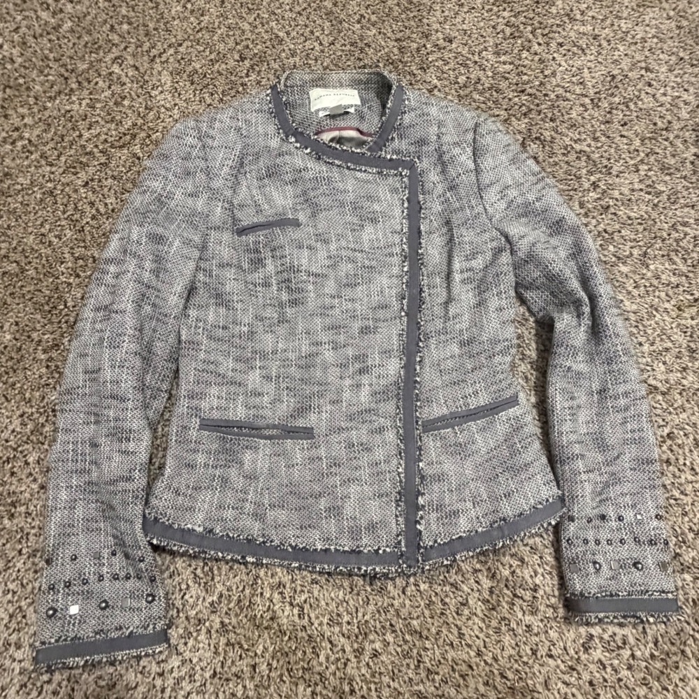 Banana Republic Gray Italian Tweed Studded Moto Jacket Size 6 Frayed Edge
